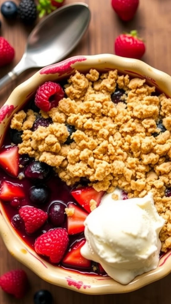 Mixed Berry Crumble Recipe A mixed berry crumble with strawberries, blueberries, and raspberries, topped with a golden crust and served with ice cream.